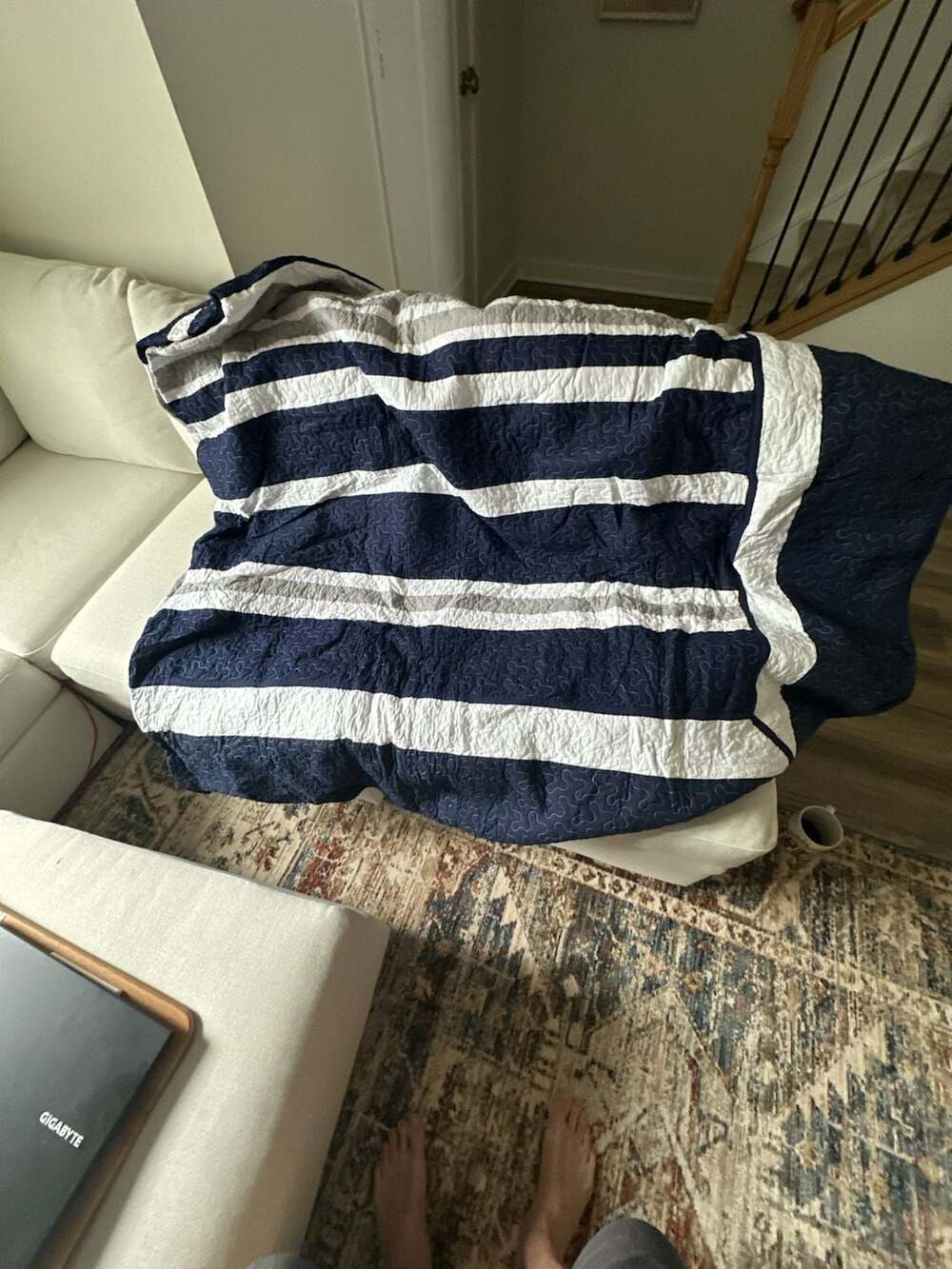 Navy Blue and White Striped Cotton Quilt and two pillow cases.